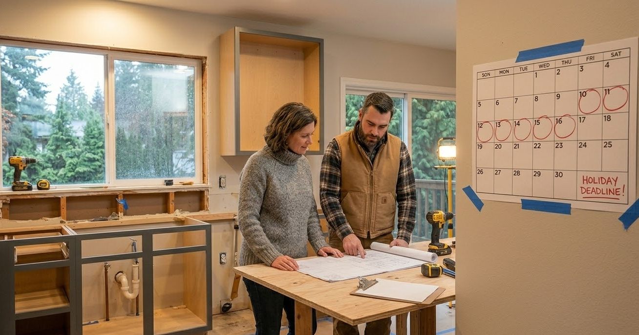 Seattle kitchen remodel planning with blueprints and holiday timeline.